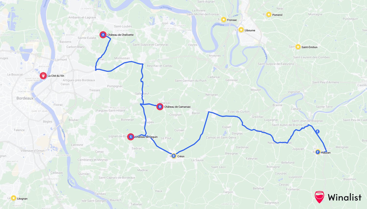 Les Routes des vins de Bordeaux : Domaines, itinéraires et cartes - 2026 - 38 - route des vins de Bordeaux Carte Route des vins Entre-deux-Mers Bordeaux - Itinéraire - Winalist