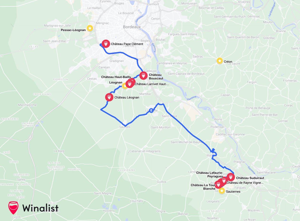 Cosa vedere a Bordeaux e dintorni - 2026 - 10 - cosa vedere a bordeaux,itinerario bordeaux,regione bordeaux Carte Route des vins Graves et Sauternes Bordeaux - Itinéraire - Winalist