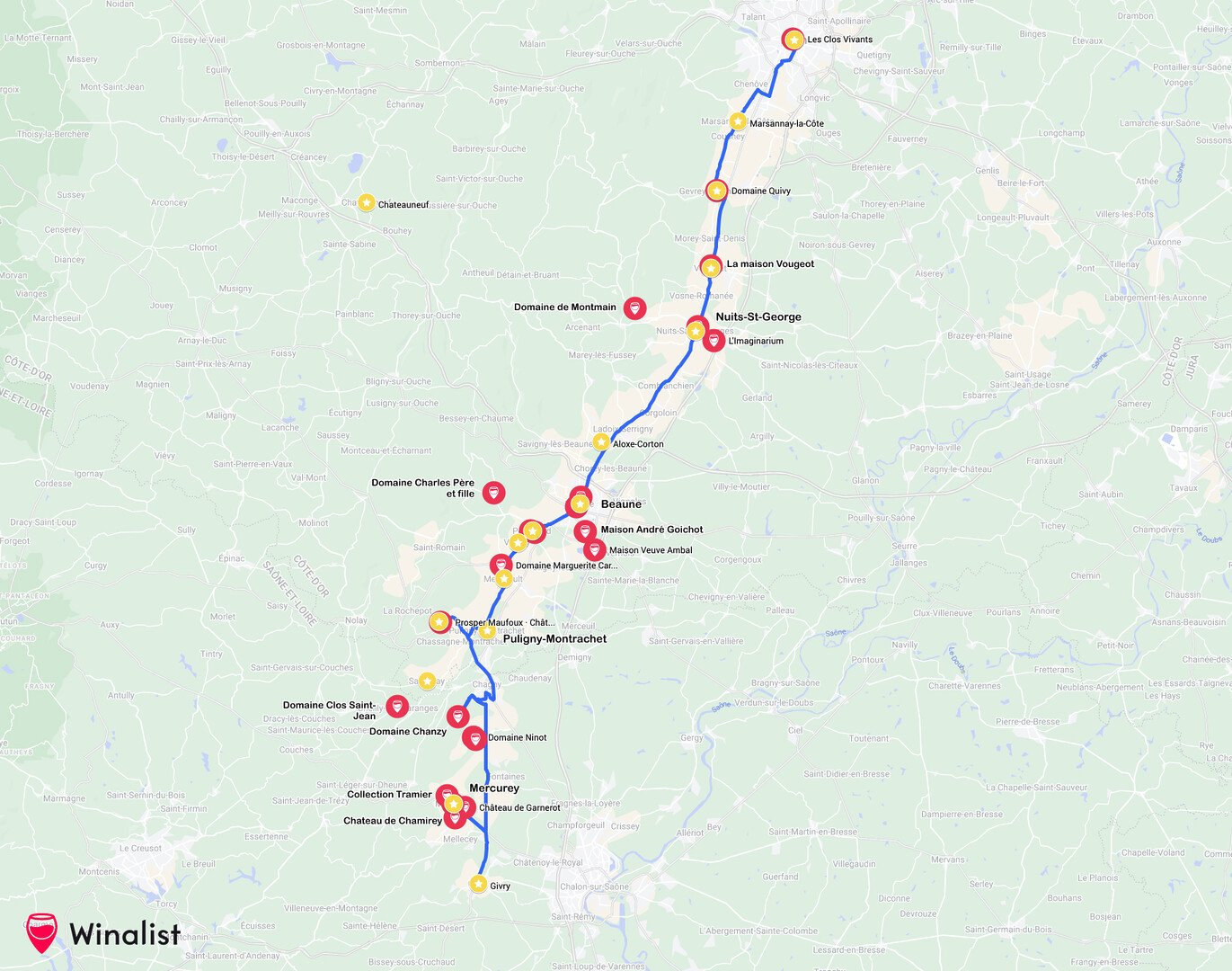 Route des vins de Bourgogne Carte : Entre climats et Grands Crus - 2026 - 25 - route des vins de bourgogne, route des grands crus carte, route des grands crus de bourgogne, route des vins beaune Carte Route des vins Bourgogne - Itinéraire - Winalist