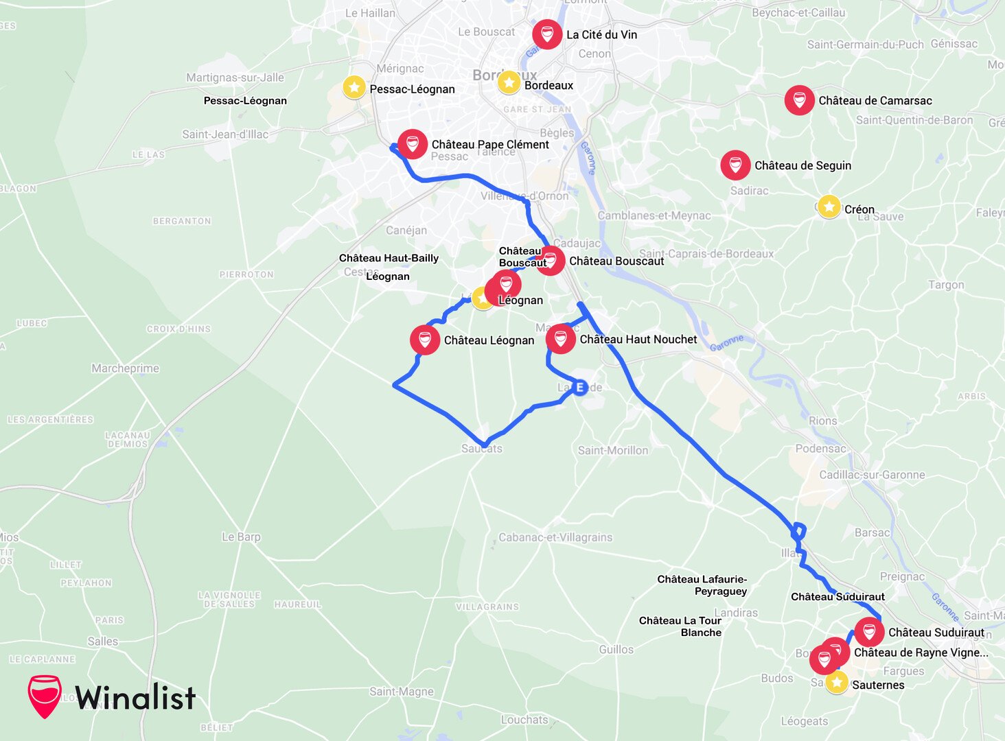 Les Routes des vins de Bordeaux : Domaines, itinéraires et cartes - 2026 - 25 - route des vins de Bordeaux Carte Route des vins Graves et Sauternes Bordeaux - Itinéraire - Winalist